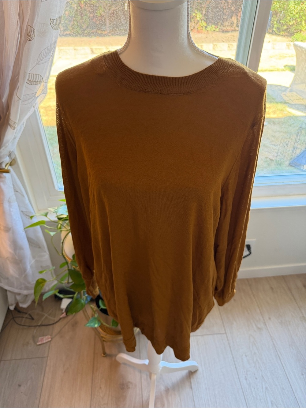 City Chic Long-Sleeve Crewneck Top in Warm Brown